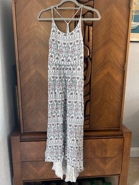Roxy White Maxi Dress with Navy and Red Floral Print